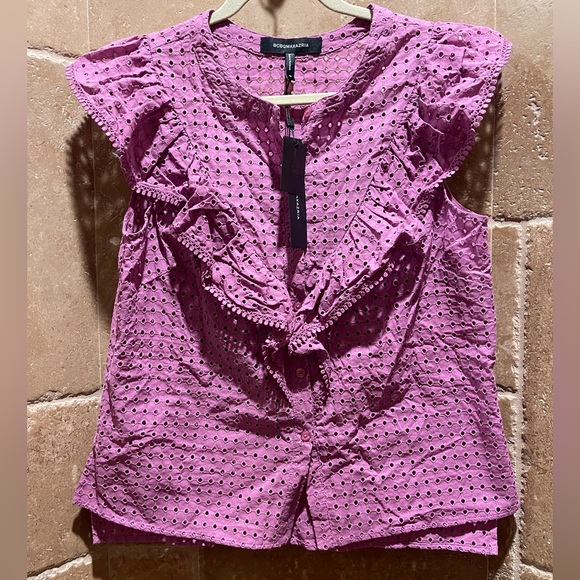 BCBGMaxAzria Tops - BCBGMaxAzria Magenta Eyelet Ruffle Tie-Front Sleeveless Top